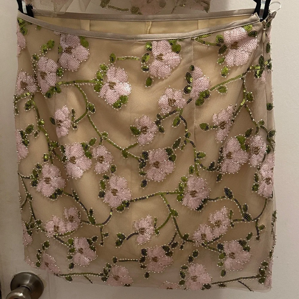 Elegant Floral Embroidered Skirt Set in Cream, Green and Pink